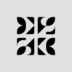 Abstract graphic design of stylized shapes arranged in a square composition in black and white.