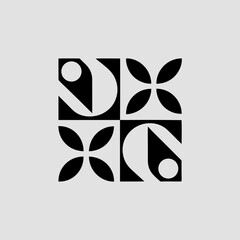 Symmetrical abstract design composed of geometric shapes in a square tile arrangement.