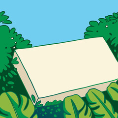 A rectangular object surrounded by lush foliage, with a clear blue sky peeking through above.
