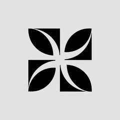 Symmetrical abstract design of geometric shapes, rendered in black against a light gray background.