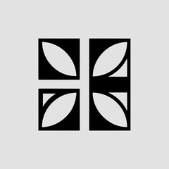 Geometric pattern featuring squares with curved shapes forming a cross on a gray background.