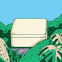Illustration of a box in a green environment under a blue sky, evoking a sense of mystery.