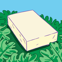 Cartoonish illustration of a white rectangular object placed on top of green leafy foliage. 