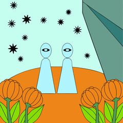 Two simple figures with eyes stand on an orange planet, surrounded by stars and stylized plants.