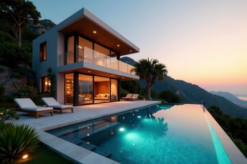 Fototapeta premium Sun-drenched modern villa, azure pool, verdant surroundings at twilight , serenity, tranquil, design