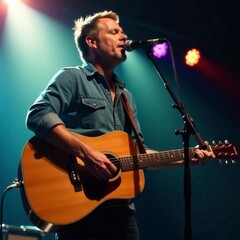 Fototapeta premium Solo guitarist backlit on stage, country vibe, americana, shadow, spotlight