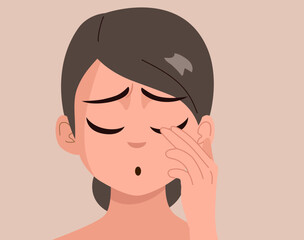 Cartoon drawing of a concerned woman touching her trembling eyelid, representing the symptom of anxiety or muscle spasm. Health and stress related concept