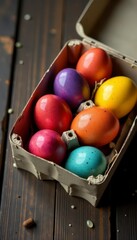 Vibrant dyed eggs nestled in a box, rustic wood background, seasonal, tradition, wooden
