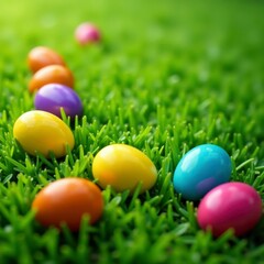Vibrant painted eggs scattered on lush spring grass , spring grass, colorful, easter eggs