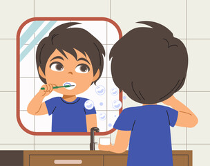 Cartoon of a cute elementary student baby boy brushing his teeth in front of a bathroom sink. Educational concept for hygiene and children’s routines