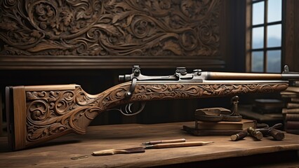 "A Soldier’s Grip: The Wooden-Handled Rifle Against a Blank Canvas"
