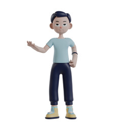 3d render man character posing to welcome guests gesture
