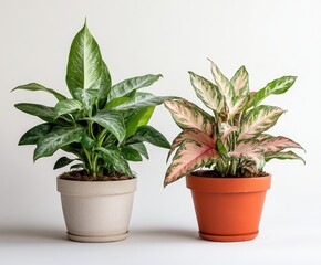 Obraz premium Potted tropical houseplants Aglaonema Silver Bay and Aglaonema Stripes