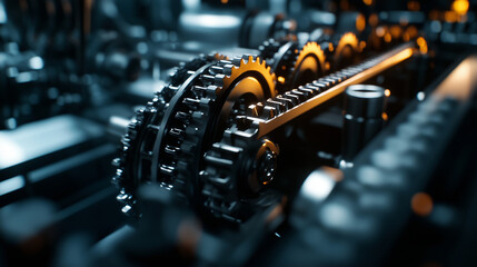 Fototapeta premium Industrial scene showing close-up of gearbox and transmission system inside diesel truck, gears interlocking with precision