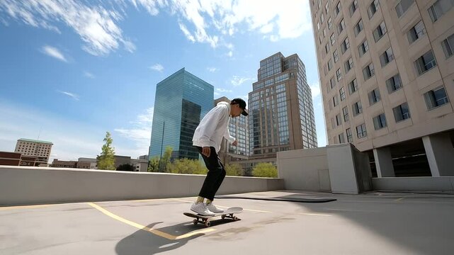 1_Skateboarder practicing tricks on a rooftop parking lot