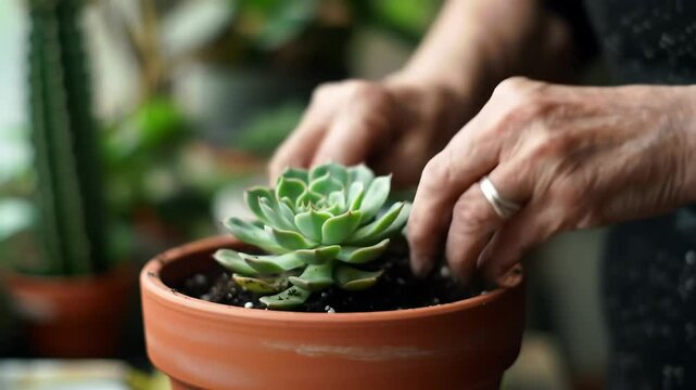 Close up of woman hands planting a green succulent in a terracotta pot with potting soil inside. Indoor gardening and plant care concept.