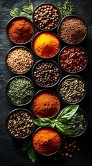 Assorted spice powders and whole spices in small bowls.