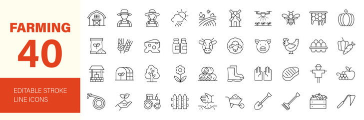 Farming icon set. Agriculture related line icons: farm, gardening, smart farm, farm animals, seeding, farmer and more. Editable stroke. Vector illustration.