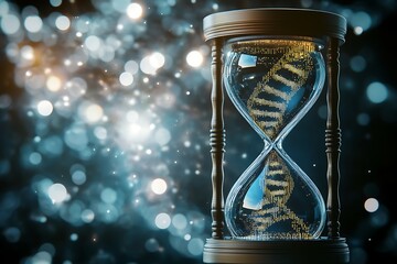 A powerful hourglass intricately intertwined with a DNA helix against a backdrop of digital bokeh, representing the profound connections between time, genetics, and life's journey.