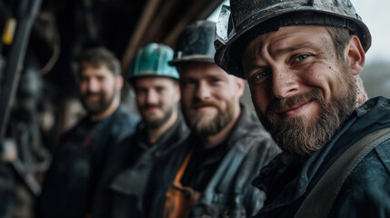 Fototapeta premium Close-up of grinning factory team standing shoulder-to-shoulder, protective helmets and coveralls dusty from the dayâs labor, captured in warm natural light