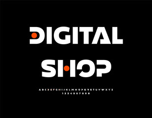 Vector Advertising sign Digital Shop. Creative Futuristic Font. Typography Uppercase Alphabet Letters and Numbers