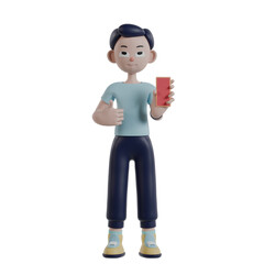 3d man character posing ok gesture and holding cell phone