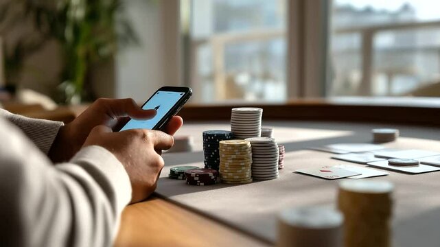 A player checking a poker app on a phone during a break