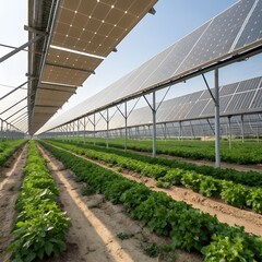 Solar panels on a farm. Concept of agrivoltaics farming, technology