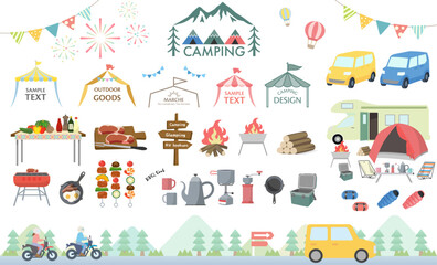 Fototapeta na wymiar アウトドアとキャンプのイラストセット ( テント　グランピング　キャンプ　アウトドア　山　自然　バーベキュー　BBQ　車　フレーム　見出し　タイトル　夏 )