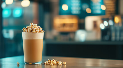 Macro shot of savory popcorn kernels with curled edges and crunchy coating, positioned near a frosted drink on a blurry cafe counter