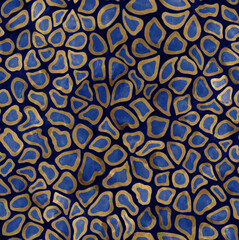 Hand drawn watercolor painting abstract mosaic pattern. Blue and gold colored geometric background. Abstract shapes on textured paper. Texture  for design, textile, wallpaper, carpet, ceramics.
