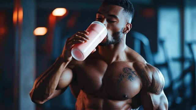 Smiling athletic man in gym environment holding a protein shake, symbolizing post-workout recovery, fitness nutrition, and healthy lifestyle. Bright, energetic lighting highlights muscular build.