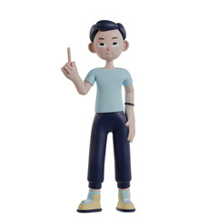 3d render man character posing with one finger up gesture
