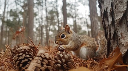 Adorable squirrel nibbling on pine needles near cabin