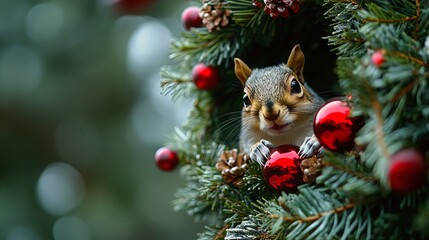 Curious Squirrel Peeking from Christmas Wreath