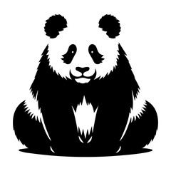A black and white silhouette of a seated panda on a white isolated background. Vector graphics. EPS.
