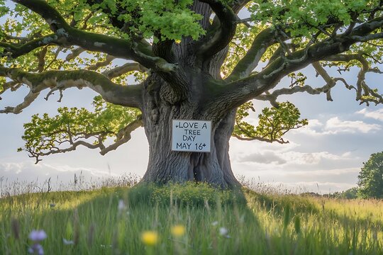 Celebrate Love a Tree Day May 16th Majestic ancient oak tree in a sunlit meadow showcasing nature s beauty - Powered by Adobe