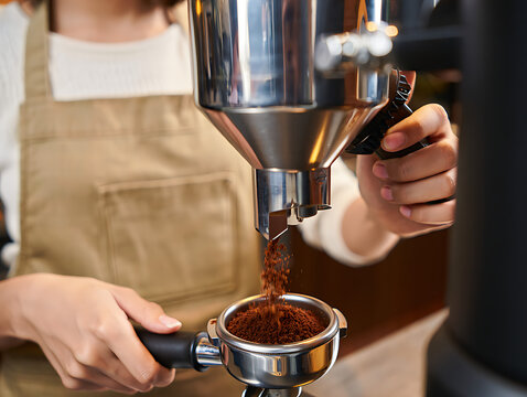 Barista grinding coffee beans for espresso preparation