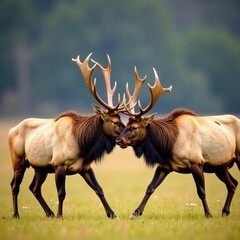 Fototapeta premium Two bull elk locked in combat, antlers intertwined , bull elk battle, combat