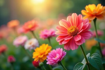 Fototapeta premium Continuous blooming flowers, vibrant colors, soft focus , illustration, meadow