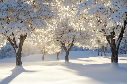 A tranquil winter scene featuring snow-covered trees glistening in the sunlight, highlighting the serene beauty of a quiet landscape after a fresh snowfall.