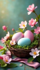Shiny pastel eggs nestled in spring blooms, vibrant ribbon , easter scene, springtime