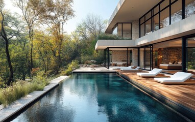 Fototapeta premium Modern home with pool and lush landscaping.