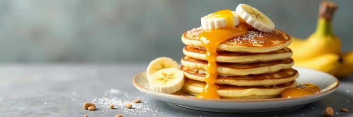 Stack of bunny pancakes, decorated eggs, banana slices, bunny, breakfast