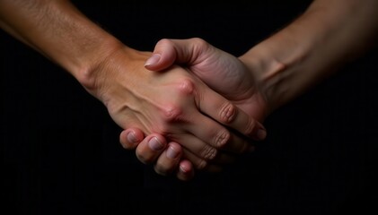 Two hands clasped, contrasting skin tones, dark isolation , racial, partnership