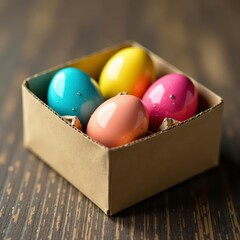 Vibrant dyed Easter eggs nestled in a rustic cardboard box , spring colors, rustic