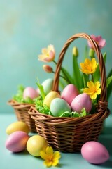 Vibrant woven baskets overflowing with painted eggs, spring blooms, lush greenery , pastel, joyful, celebration