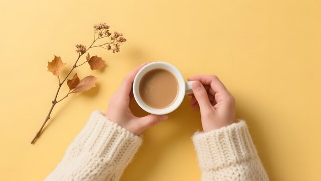 Top view of woman hands holding a cup of hot milk coffee before drinking ,dried floral branch, overhead view, cozy autumn vibes