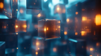3D render of glowing cubes suspended in a dark, teal-blue volumetric background with bokeh lights.