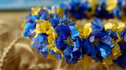 Blue and yellow floral wreath with wildflowers, celebrating Swedish National Day in a warm festive spirit.
